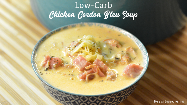 Low-Carb chicken cordon bleu soup combines shredded chicken with cream cheese, herbs and spices and broth to make this rich and creamy keto soup.