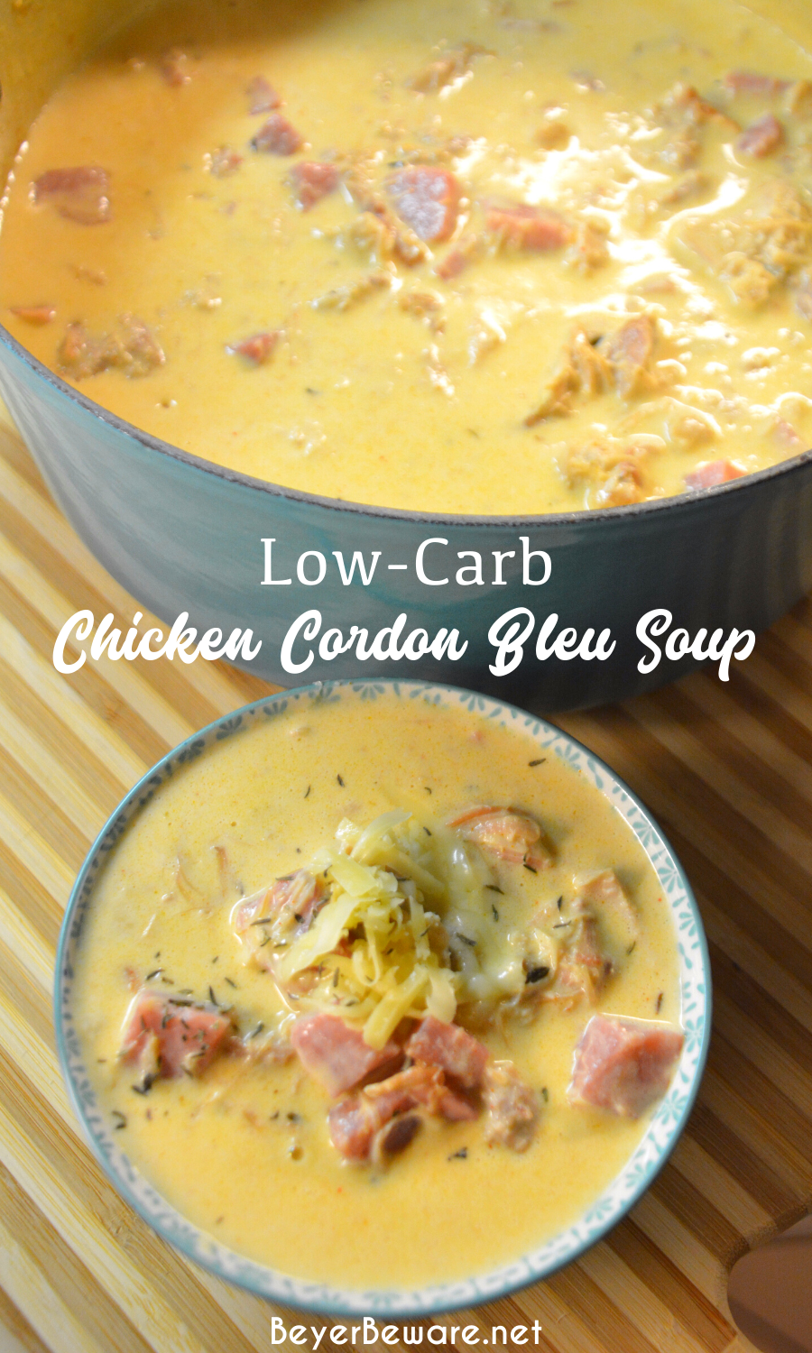 Low-Carb chicken cordon bleu soup combines shredded chicken with cream cheese, herbs and spices and broth to make this rich and creamy keto soup.