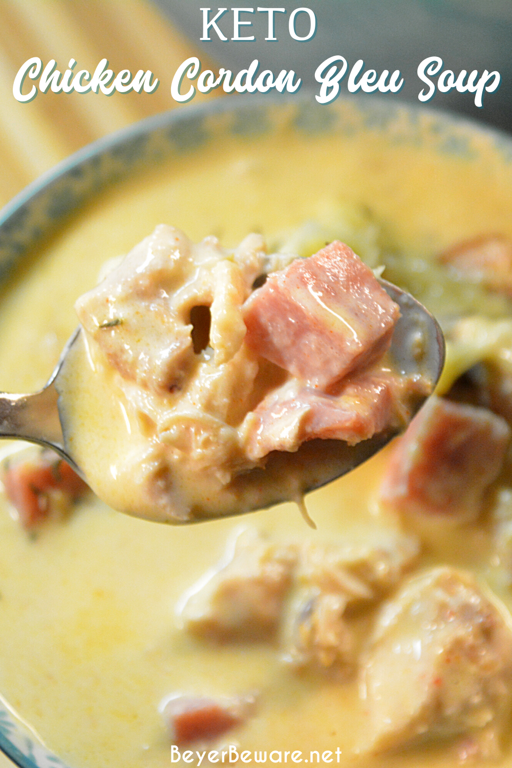 Low-Carb chicken cordon bleu soup combines shredded chicken with cream cheese, herbs and spices and broth to make this rich and creamy keto soup.