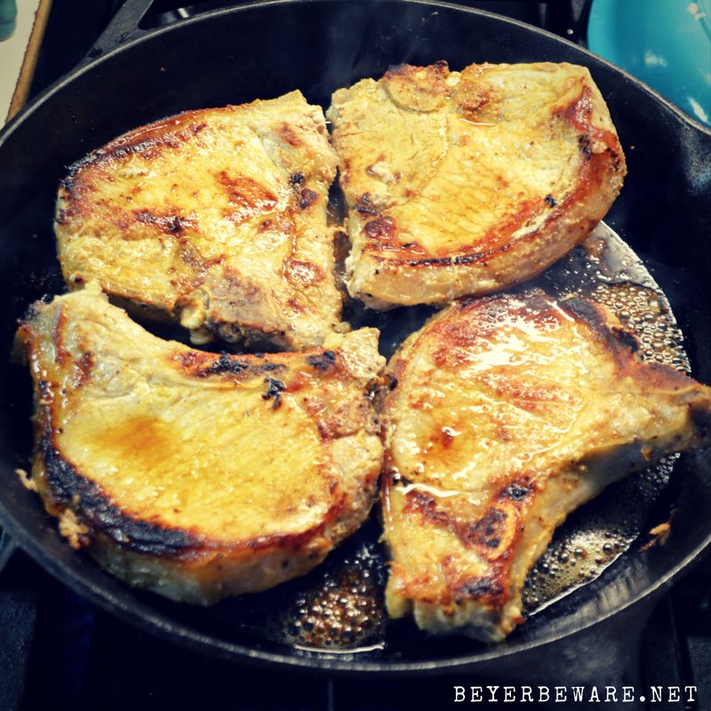 When I am looking for a no-nonsense focus on the pork chop recipe, this pan-fried pork chop recipe is my go-to since there is no flour, no marinading, no waiting, just juicy, flavorful pork chops.