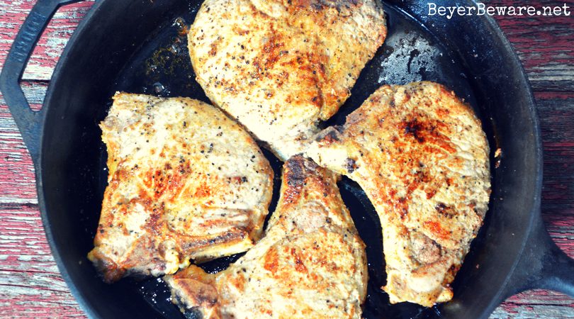 When I am looking for a no-nonsense focus on the pork chop recipe, this pan-fried pork chop recipe is my go-to since there is no flour, no marinading, no waiting, just juicy, flavorful pork chops.