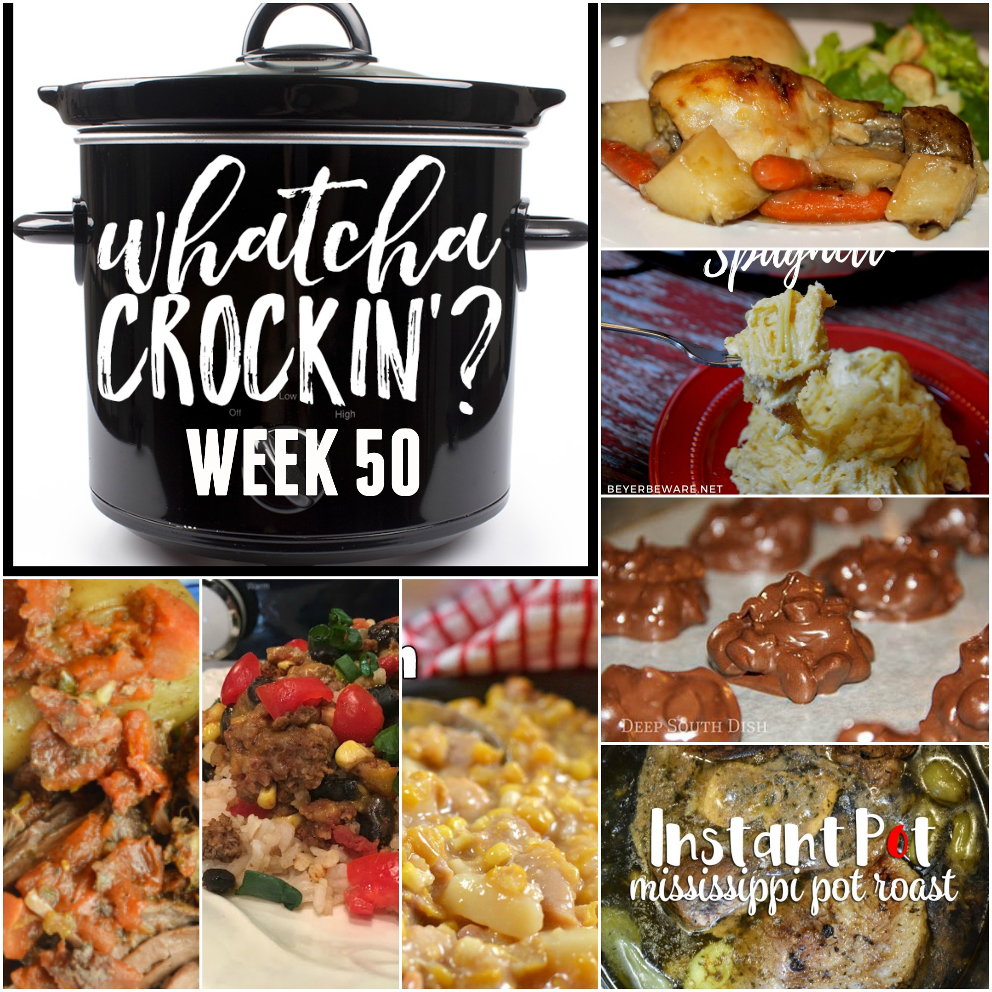 This week’s Whatcha Crockin’ crock pot recipes include Crock Pot Peanut Candy Clusters, No Fuss Chicken Dinner, Mississippi Pot Roast - Electric Pressure Cooker, Slow Cooker Greek Beef and Potatoes, Crock Pot Creamy Chicken Spaghetti, Slow Cooker Chicken Corn Chowder, Crock Pot Taco Rice Casserole.