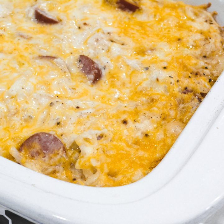 If you love funeral potatoes or hash brown casserole, you will love this casserole crock pot recipe that is filled with smoked sausage and hash brown casserole.