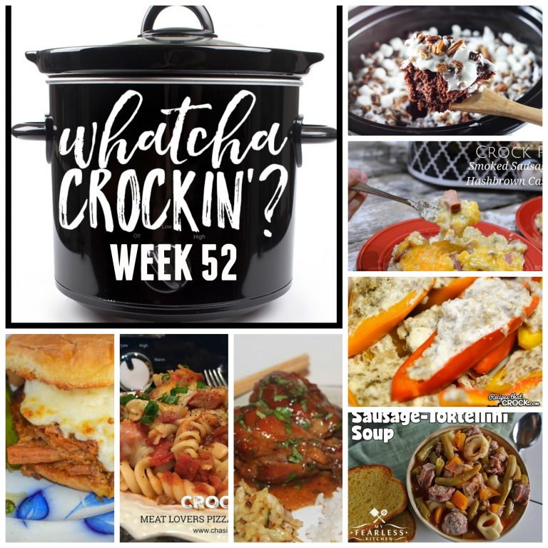 This week’s Whatcha Crockin’ crock pot recipes include Crock Pot Meat Lovers Pizza Casserole, Rocky Road Chocolate Spoon Cake, Crock Pot Smoked Sausage and Hashbrown Casserole, Crock Pot French Dip Au Jus Sandwiches, Crock Pot Mini Cream Cheese Stuffed Peppers, Slow Cooker Sausage Tortellini Soup, Slow Cooker Sticky Asian Drumsticks and much more!
