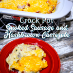 Crockpot smoked sausage and hashbrown casserole is a simple cheesy sausage and potato recipe made with frozen hash browns, sour cream, onions, cream of mushroom soup, smoked sausage, and shredded cheese that is a great weeknight meal in my beloved casserole crock pot.