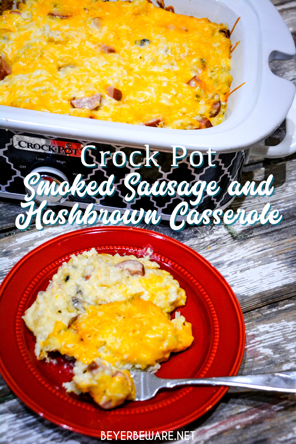Crockpot smoked sausage and hashbrown casserole is a simple cheesy sausage and potato recipe made with frozen hash browns, sour cream, onions, cream of mushroom soup, smoked sausage, and shredded cheese that is a great weeknight meal in my beloved casserole crock pot.