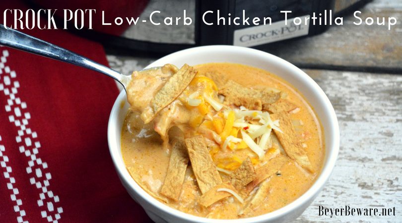 I am obsessed with chicken tortilla soup from Max and Erma's. This crock pot low-carb chicken tortilla soup is creamy and hearty and will not leave you craving. #Keto #LowCarb