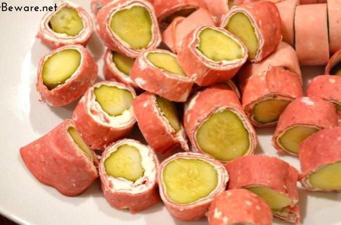 Three simple ingredients to make these dill pickle wraps for an easy low-carb and gluten free snack. #Keto #LowCarb #KetoSnacks