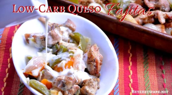 Low-Carb Queso Fajitas are a simple sheet pan baked fajita recipe that becomes cheesy chicken fajitas perfect for keto and low-carb diets.