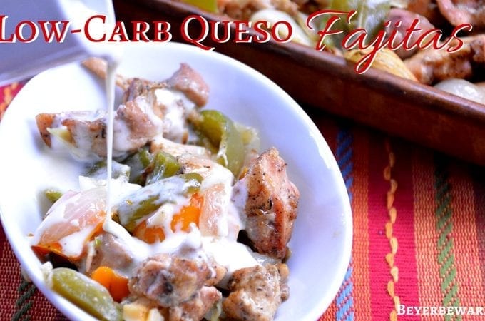 Low-Carb Queso Fajitas are a simple sheet pan baked fajita recipe that becomes cheesy chicken fajitas perfect for keto and low-carb diets.