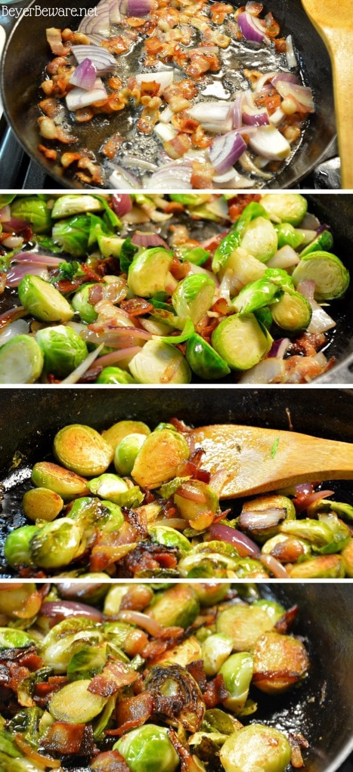 Sautéed Brussels Sprouts with bacon and onions are the way to eat Brussels Sprouts. Caramelized red onions with crispy fried bacon make these Brussels Sprouts full of rich flavor and melt in your mouth.