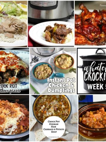 This week’s Whatcha Crockin’ crock pot recipes include Instant Pot Chicken and Dumplings, Dr. Pepper Crockpot Roast with Pork, Crock Pot Ham Cabbage Potato Soup, Crock Pot Crustless Pizza, Sticky Chicken Wings, Instant Pot Butter Beef and Easy Crock Pot Taco Soup.