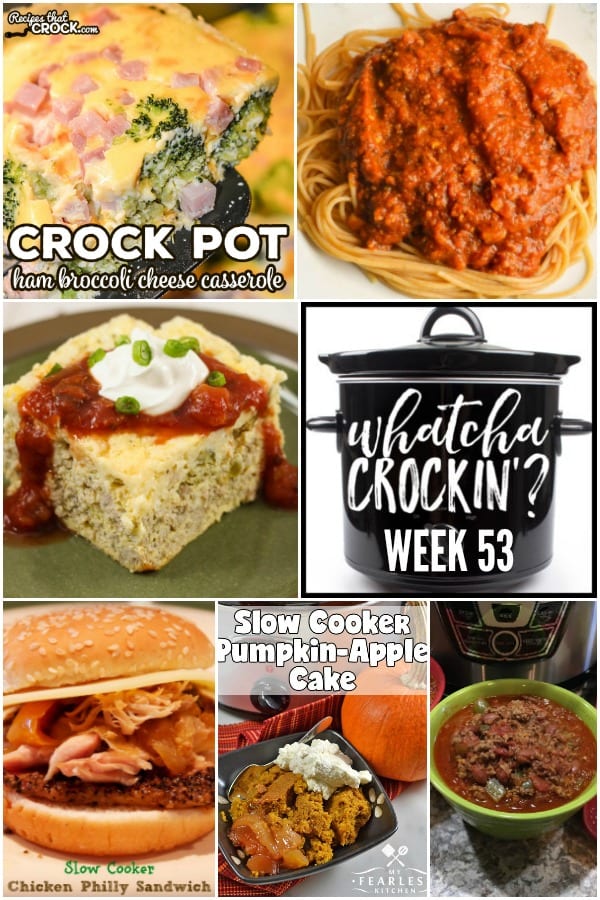 This week’s Whatcha Crockin’ crock pot recipes include Instant Pot Chugwater Chili, Slow Cooker Pork and Beans, Slow Cooker Pumpkin Apple Cake, Low Carb Slow Cooker Santa Fe Omelet, Crock Pot Ham Broccoli Cheese Casserole, Slow Cooker Spaghetti Sauce, Crock Pot Chicken Philly Sandwiches and more!