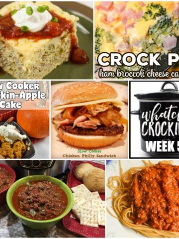 This week’s Whatcha Crockin’ crock pot recipes include Instant Pot Chugwater Chili, Slow Cooker Pork and Beans, Slow Cooker Pumpkin Apple Cake, Low Carb Slow Cooker Santa Fe Omelet, Crock Pot Ham Broccoli Cheese Casserole, Slow Cooker Spaghetti Sauce, Crock Pot Chicken Philly Sandwiches and more!