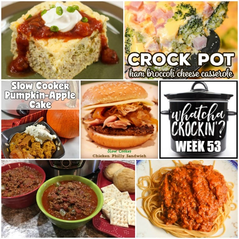 This week’s Whatcha Crockin’ crock pot recipes include Instant Pot Chugwater Chili, Slow Cooker Pork and Beans, Slow Cooker Pumpkin Apple Cake, Low Carb Slow Cooker Santa Fe Omelet, Crock Pot Ham Broccoli Cheese Casserole, Slow Cooker Spaghetti Sauce, Crock Pot Chicken Philly Sandwiches and more!