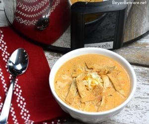 I am obsessed with chicken tortilla soup from Max and Erma's. This crock pot low-carb chicken tortilla soup is creamy and hearty and will not leave you craving. #Keto #LowCarb