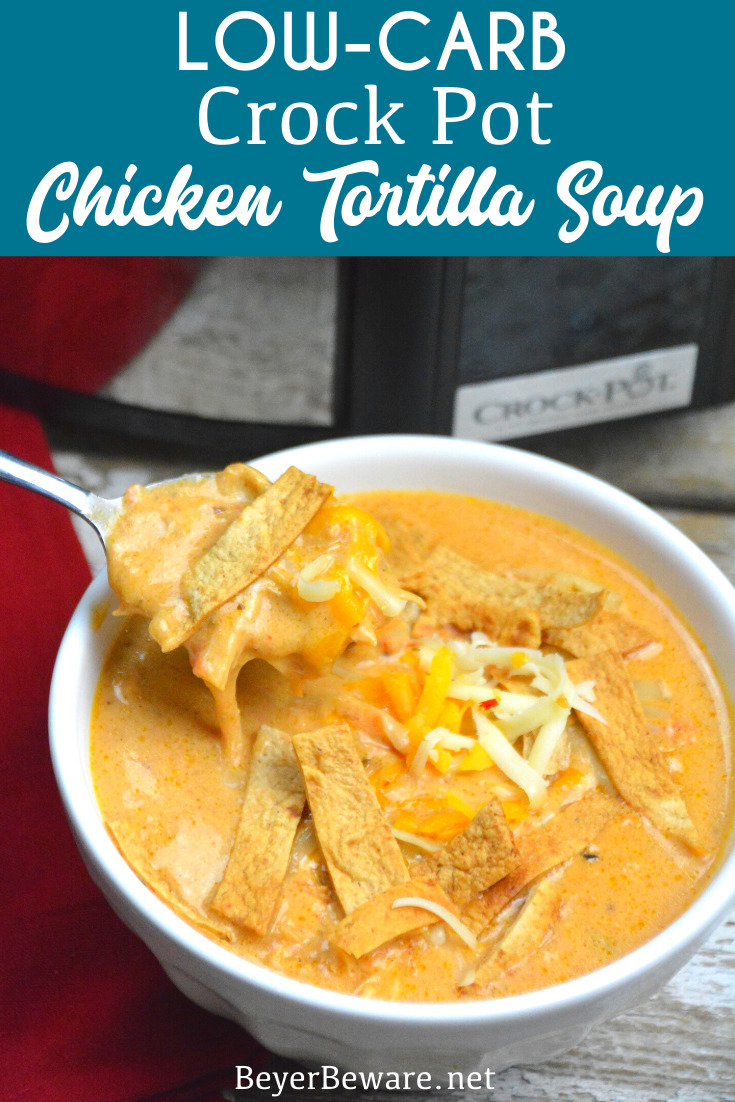 This crock pot low-carb chicken tortilla soup is creamy and hearty and will not leave you craving any carbs for the ultimate keto soup recipe.