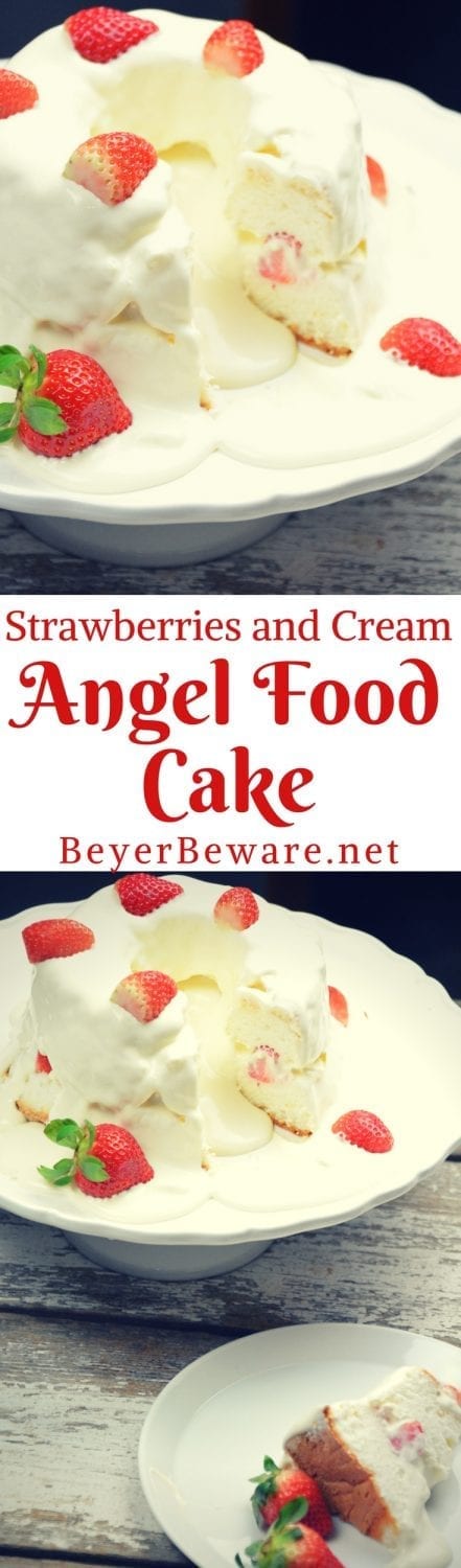 Strawberries and Cream Angel Food Cake is semi-homemade dessert that is ready in under 10 minutes with the sweet combination of cool whip, cheesecake pudding and powdered sugar poured over angel food cake and strawberries.