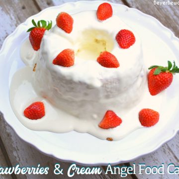 Strawberries and Cream Angel Food Cake is a semi-homemade dessert that is ready in under 10 minutes with a store-bought cake, instant pudding, and cool whip.