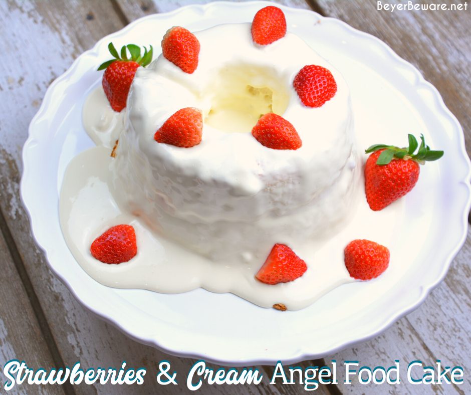 Strawberries and Cream Angel Food Cake is a semi-homemade dessert that is ready in under 10 minutes with a store-bought cake, instant pudding, and cool whip.