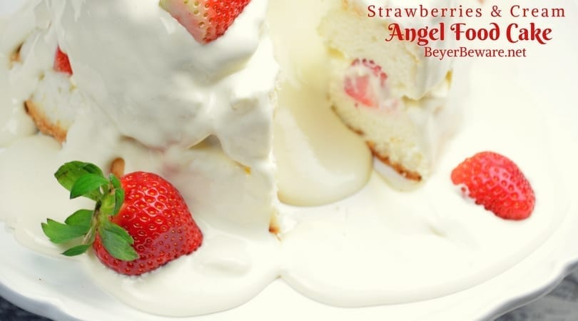 Strawberries and Cream Angel Food Cake is semi-homemade dessert that is ready in under 10 minutes with the sweet combination of cool whip, cheesecake pudding and powdered sugar poured over angel food cake and strawberries.