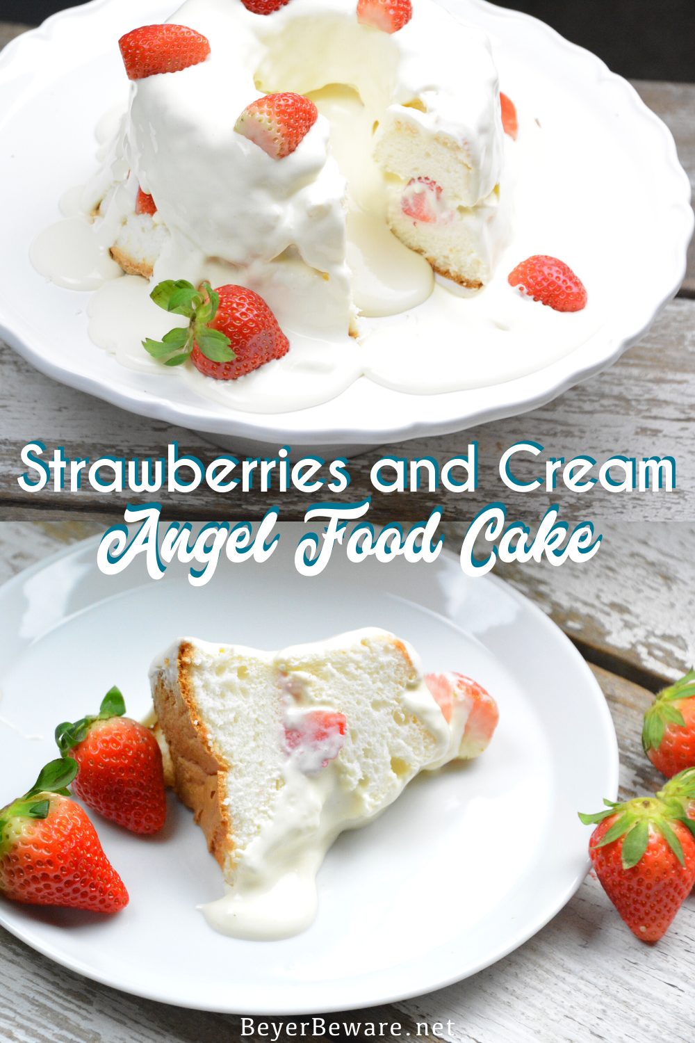Strawberries and Cream Angel Food Cake is a semi-homemade dessert that is ready in under 10 minutes with a store-bought cake, instant pudding, and cool whip.