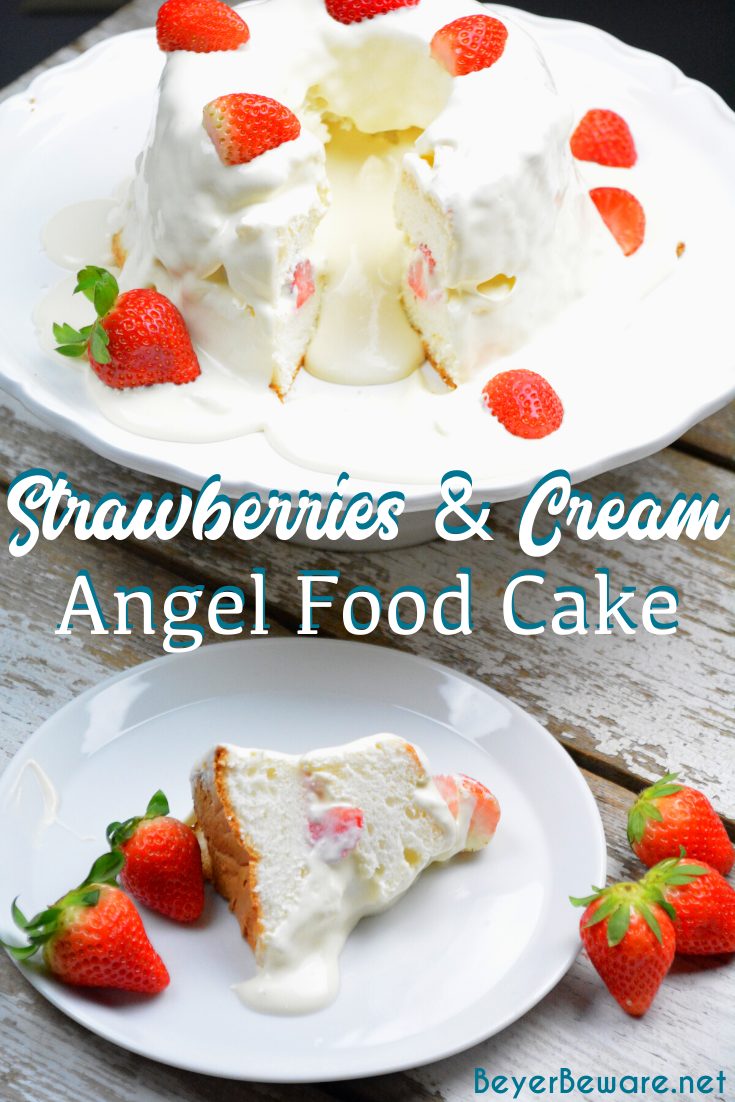 Strawberries and Cream Angel Food Cake is a semi-homemade dessert that is ready in under 10 minutes with a store-bought cake, instant pudding, and cool whip.