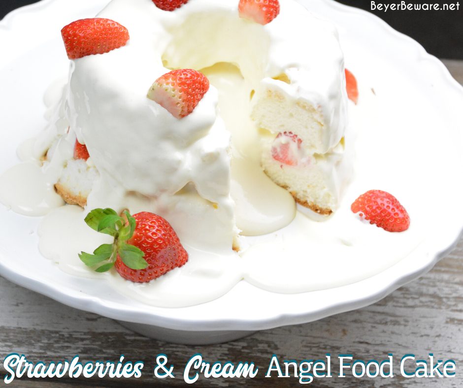 Strawberries and Cream Angel Food Cake is a semi-homemade dessert that is ready in under 10 minutes with a store-bought cake, instant pudding, and cool whip.