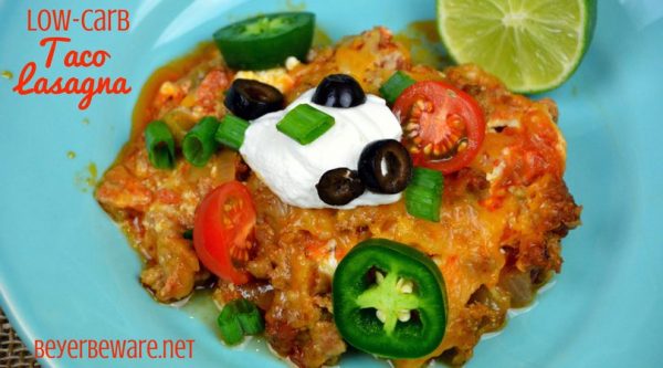 Crock Pot Low-Carb Taco Lasagna is full of ground pork or beef, cheese, salsa, onions and peppers for a satisfying and flavorful meal for people following a #Keto or low- carb diet plan. #Lowcarb #Lasagna