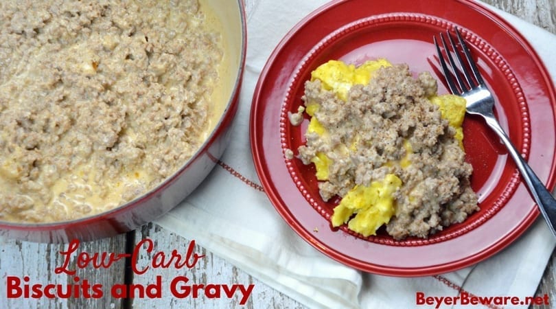 Low-Carb biscuits and gravy are creamy and flavorful. With a bed of fluffy scrambled eggs, the low-carb sausage gravy is satisfying and filling.