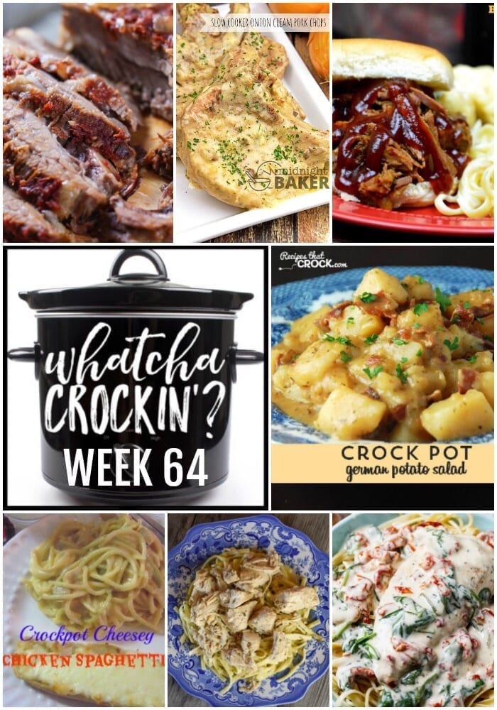 This week’s Whatcha Crockin’ crock pot recipes include Slow Cooker Onion Cream Pork Chops, Slow Cooker Creamy Tuscan Chicken, Crock Pot Cheesey Chicken Spaghetti, Slow Cooker Beef Brisket, Instant Pot Golden Chicken Imperial, German Potato Salad, Slow Cooker Root Beer Beef BBQ and more!