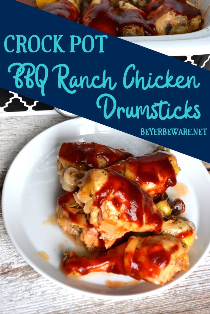 Crock Pot BBQ Ranch Chicken Legs is a simple three-ingredient chicken drumsticks recipe that cooks in the casserole crock pot in three hours. #CrockPot #ChickenRecipes #ChickenLegs