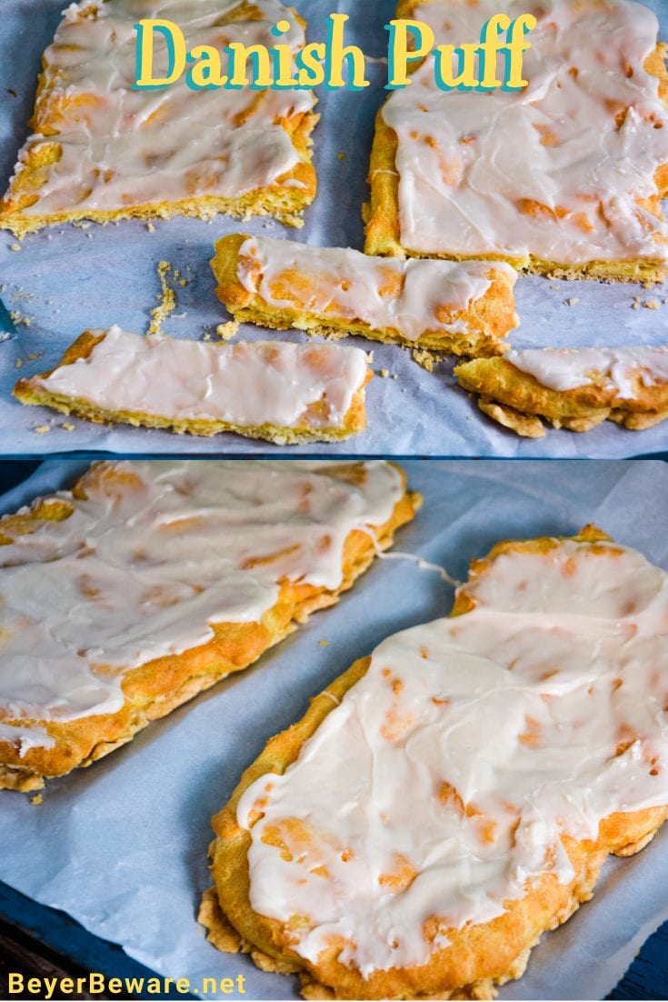 Almond Danish Puff Pastry has a flaky thin crust with a soft eggy bread layer that is drenched in almond flavoring and then covered with a light almond icing.