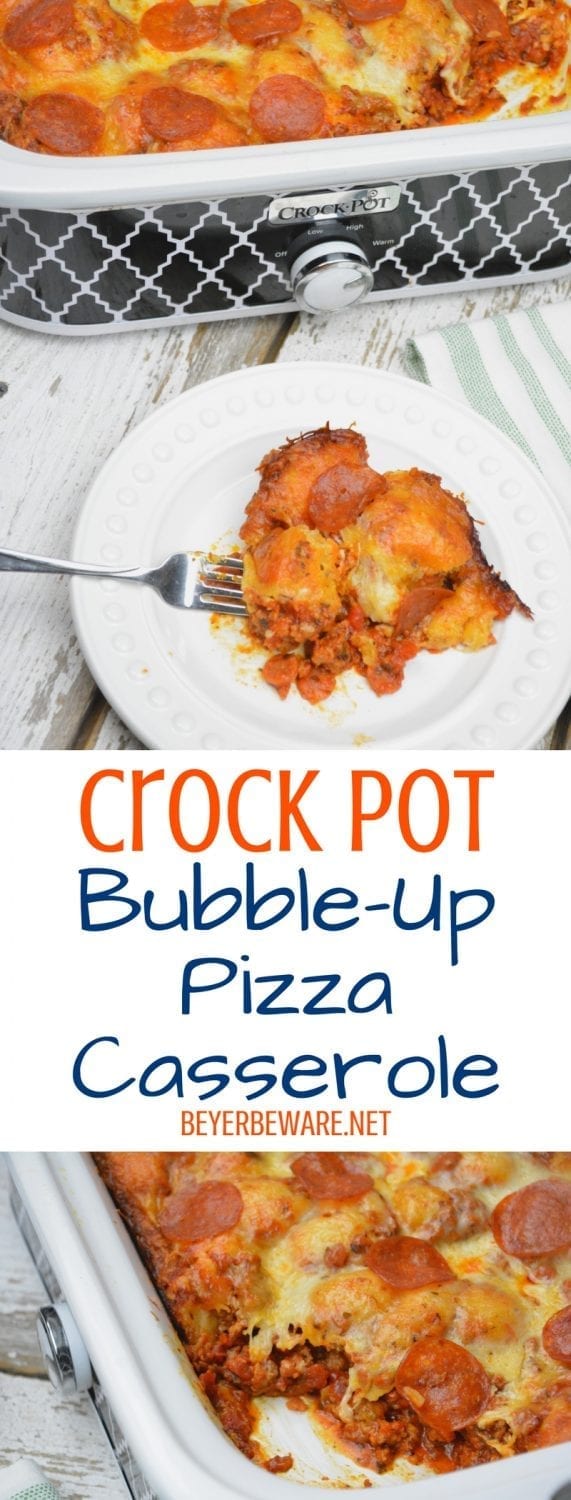 Crock pot bubble up pizza casserole is an easy bubble pizza casserole made with grands biscuits, spaghetti sauce, and your favorite pizza toppings. 