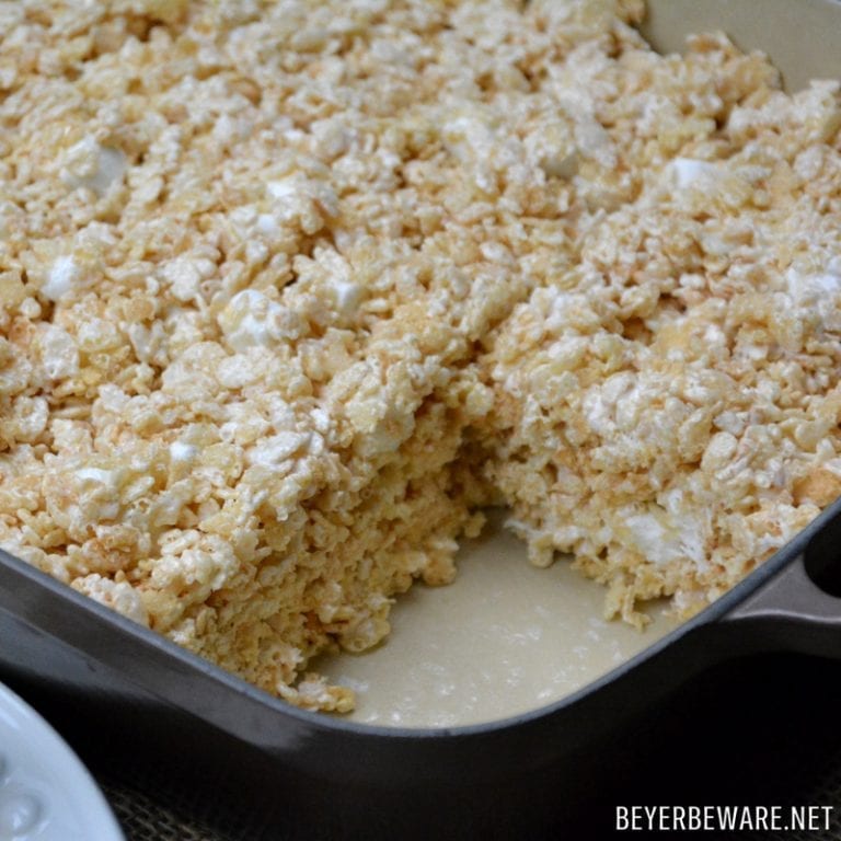 Thick and chewy rice crispy treats all thanks to the great combination of marshmallow creme and