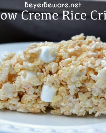 Marshmallow creme rice crispy treats are the no-bake, gluten free dessert every child loves and is so easy to make with marshmallow fluff, butter, marshmallows and Rice Krispies.