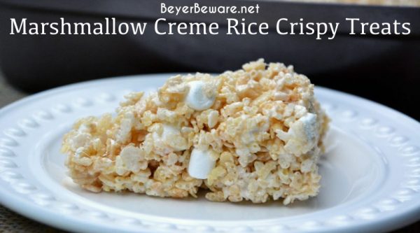 Marshmallow creme rice crispy treats are the no-bake, gluten free dessert every child loves and is so easy to make with marshmallow fluff, butter, marshmallows and Rice Krispies.