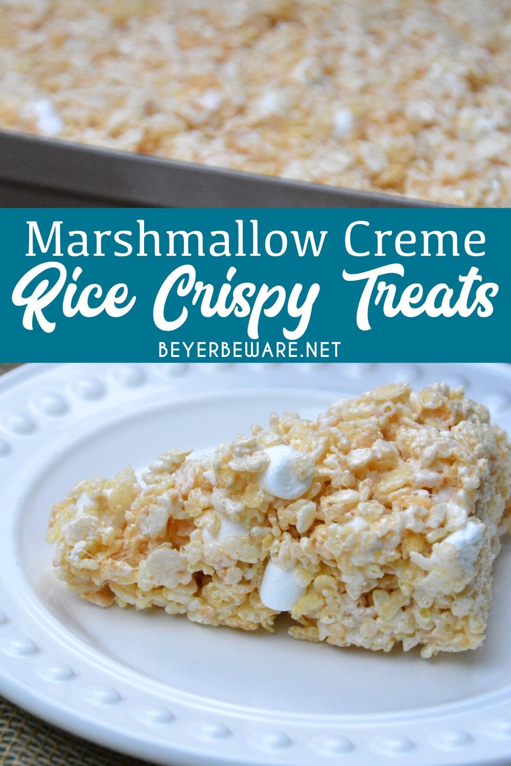 Marshmallow creme rice crispy treats are the no-bake, gluten free dessert every child loves and is so easy to make with marshmallow fluff, butter, marshmallows and Rice Krispies.