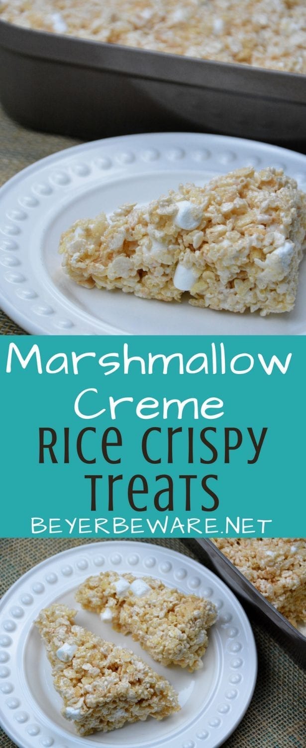 Marshmallow creme rice crispy treats are the only way to make these rice krispies treats. I have perfected the best rice crispy treats recipe which is actually the combination of marshmallow creme along with miniature marshmallows, butter and an entire box of cereal. 