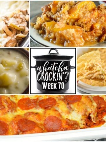 This week’s Whatcha Crockin’ crock pot recipes include Crock Pot Peach Cobbler, Crock Pot Chicken Enchilada Dip, Pressure Cooker Potato Soup, Crock pot Philly Cheese Steak Casserole, Crock Pot Bubble Up Pizza Casserole, Slow Cooker Ranch and Veggie Casserole, Slow Cooker Chicken and Mushroom Soup and more!