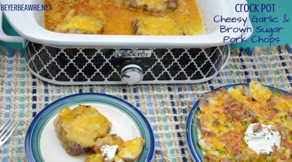 Crock Pot Cheesy Garlic and Brown Sugar Pork Chops have unique flavor combinations in the casserole crock pot to create flavorful crock pot pork chops.