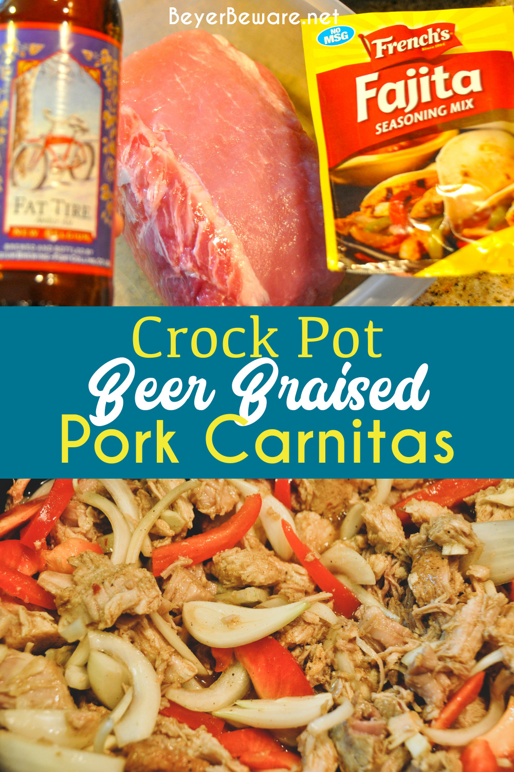 Beer braised crock pot pork carnitas start with a braise in beer and then simmer all day in fajita seasonings and beer before having lots of onions and peppers added into the slow cooker to make the most tender beer braised pork carnitas right at home.