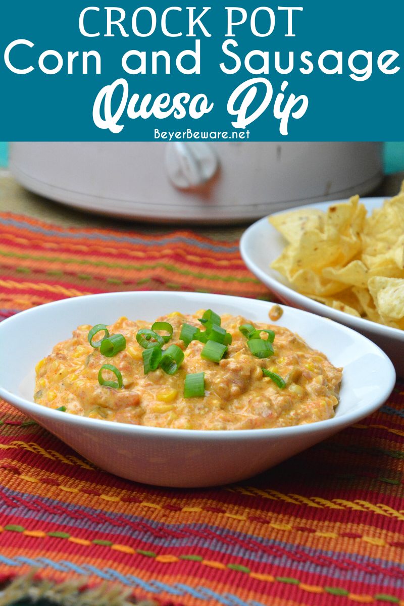 Crock pot corn and sausage queso is a hot corn dip recipe made with spicy chorizo, sweet corn, cream cheese, and Velveeta for an easy cheese queso dip recipe. 