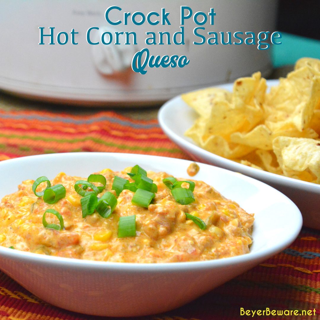 Crock pot corn and sausage queso is a hot corn dip recipe made with spicy chorizo, sweet corn, cream cheese, and Velveeta for an easy cheese queso dip recipe. 