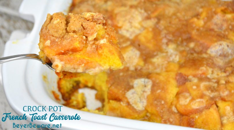 Crock Pot French toast casserole is a rich caramelized French toast recipe with rich maple flavors and the combination of a crumb top with a caramel bottom and fluffy bread middle.