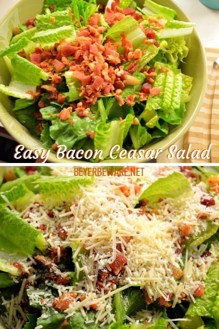 Easy bacon caesar salad is a simple combination of the basic Caesar salad ingredients of romaine lettuce, parmesan cheese, caesar dressing and croutons and taken up a notch with the addition of bacon.