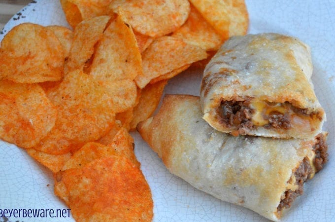 These sloppy joe sticks are handheld sloppy joes that meld meat and cheese together inside a burrito made from pizza crust.