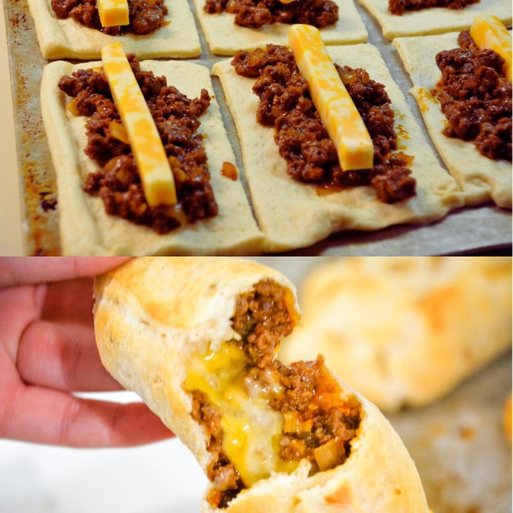 Sloppy joe sticks are like sloppy joe burritos by taking sloppy joes and cheese sticks and wrapping them in pizza dough then baking for 10 minutes for an easy dinner recipe.