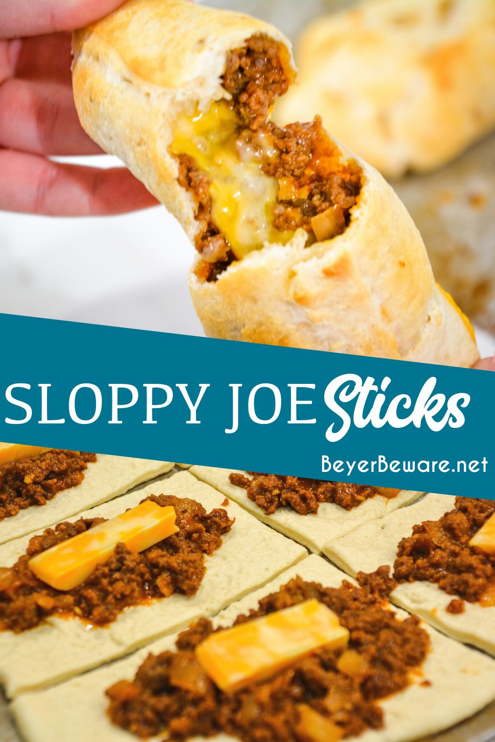 Sloppy joe sticks are like sloppy joe burritos by taking sloppy joes and cheese sticks and wrapping them in pizza dough then baking for 10 minutes for an easy dinner recipe.