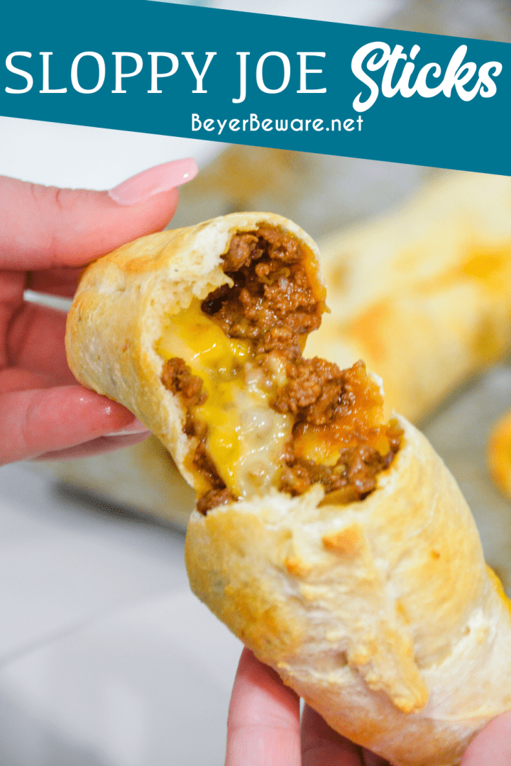 Sloppy joe sticks are like sloppy joe burritos by taking sloppy joes and cheese sticks and wrapping them in pizza dough then baking for 10 minutes for an easy dinner recipe.